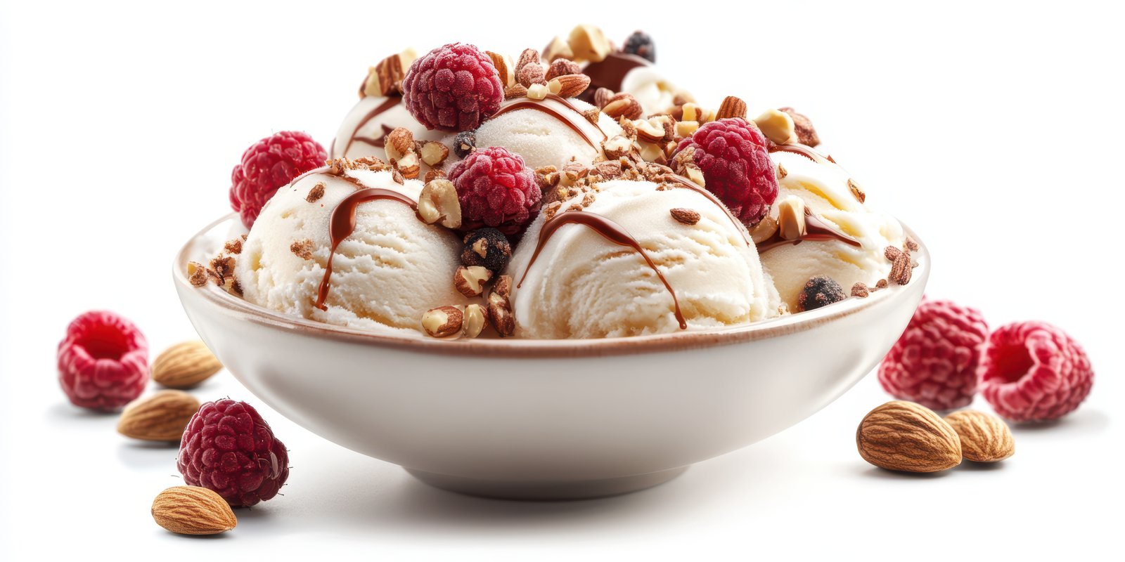 Delightful dessert of creamy ice cream topped with fresh raspberries and crunchy nuts served in a bowl